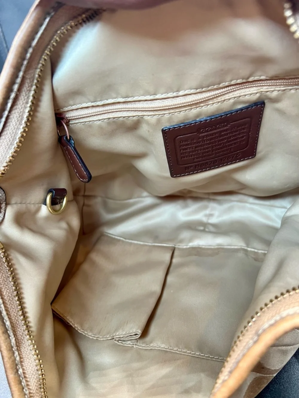 COACH Signature Tan Sateen Hobo Shoulder Bag with Metal Hang Tag
